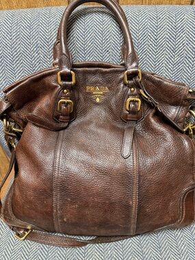 Prada Dark Brown Deerskin Cervo Antik Leather Messenger Bag with Gold Hardware